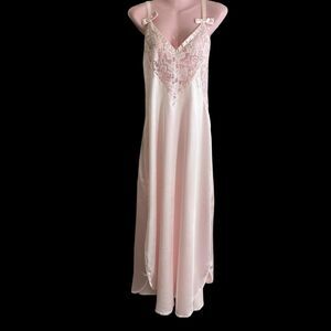 Vintage Lily of France Nightgown Womens Large Lace Satin Maxi Slip Dress 80s